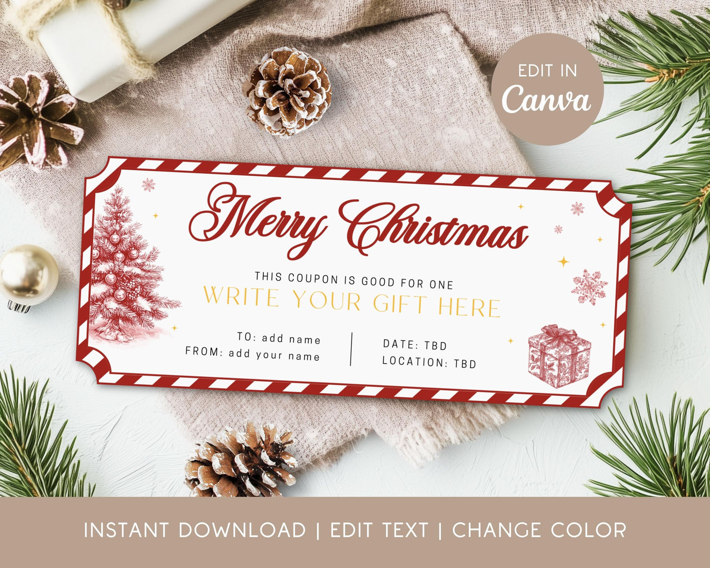 Christmas Party Last Minute Gift Red Holiday Gift Voucher Red Toile Stocking Filler Gift for Her Surprise Coupon Print Home Editable Coupon - LAUMIANstudio