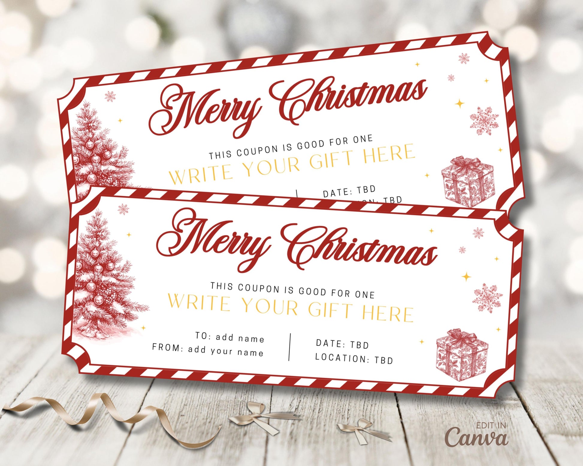 Red Vintage Christmas Gift Voucher Editable Template North Pole Ticket Santa Gift Christmas Ticket Red Christmas Printable Coupon For Mom - LAUMIANstudio