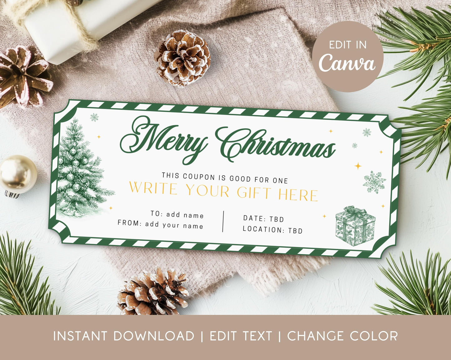 Printable Christmas Green Gift Coupon For Him Green Toile Holiday Coupon Gift Under 10 Christmas Present Daddy Voucher Gift for Grandpa - LAUMIANstudio