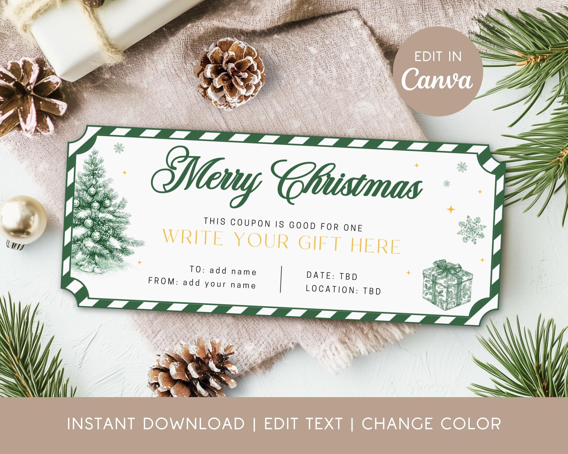 Printable Christmas Green Gift Coupon For Him Green Toile Holiday Coupon Gift Under 10 Christmas Present Daddy Voucher Gift for Grandpa - LAUMIANstudio