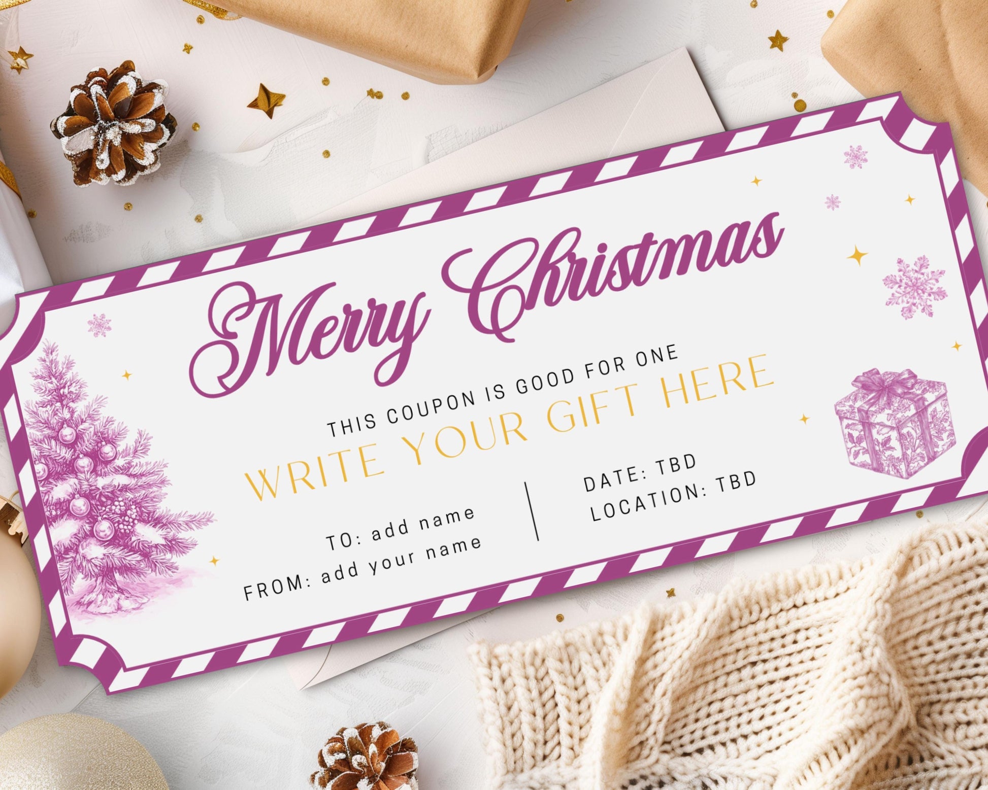 Personalizable Pink Christmas Voucher Template Coupon Gift for Daughter Girly Coupon Pink BFF Christmas Gift Coupon Preppy Holiday Ticket - LAUMIANstudio