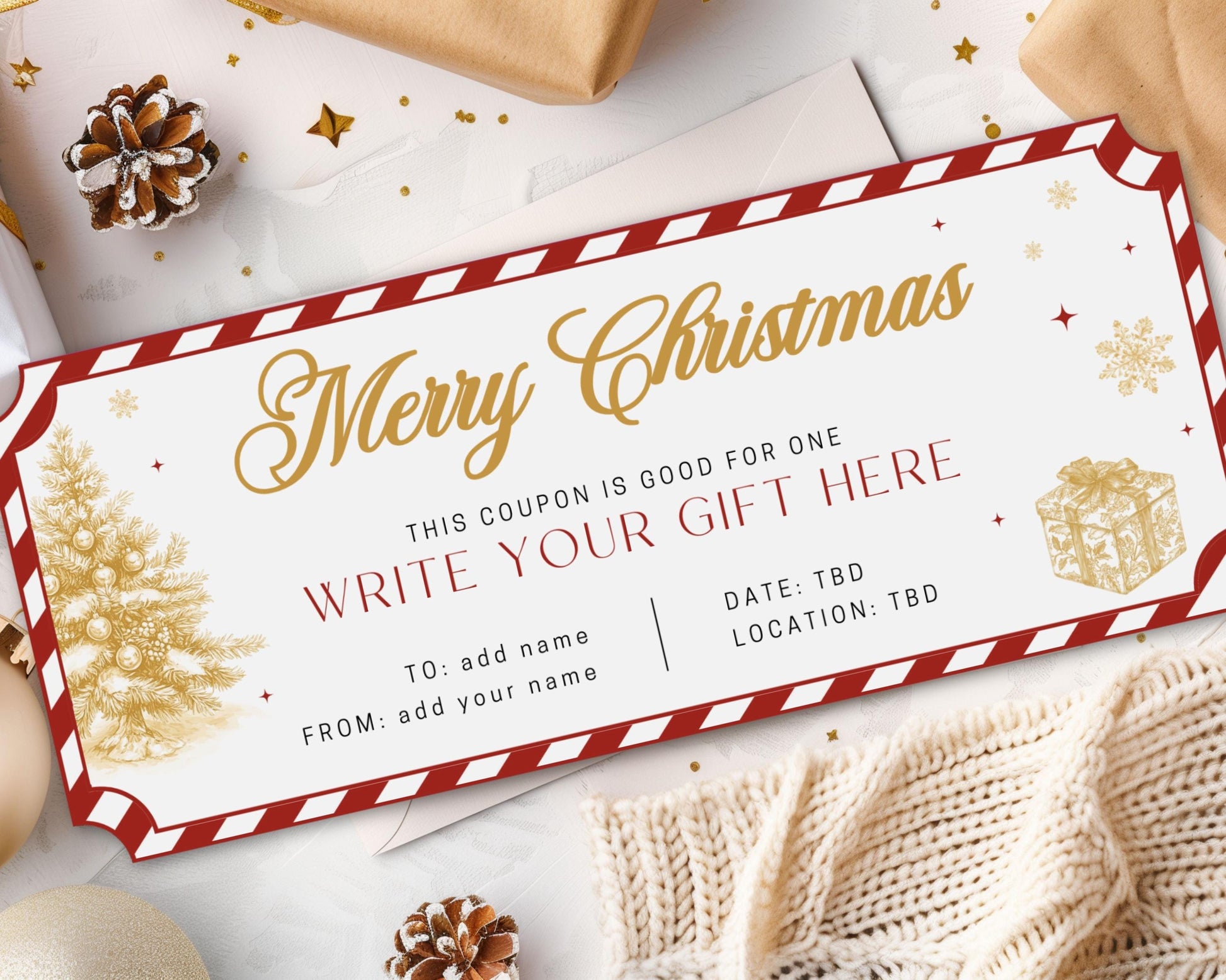 Christmas Gold Gift Coupon Canva Template Printable Voucher Christmas Grandma Gold Coupon Gift Under 5 Trip Surprise Voucher Golden Ticket - LAUMIANstudio