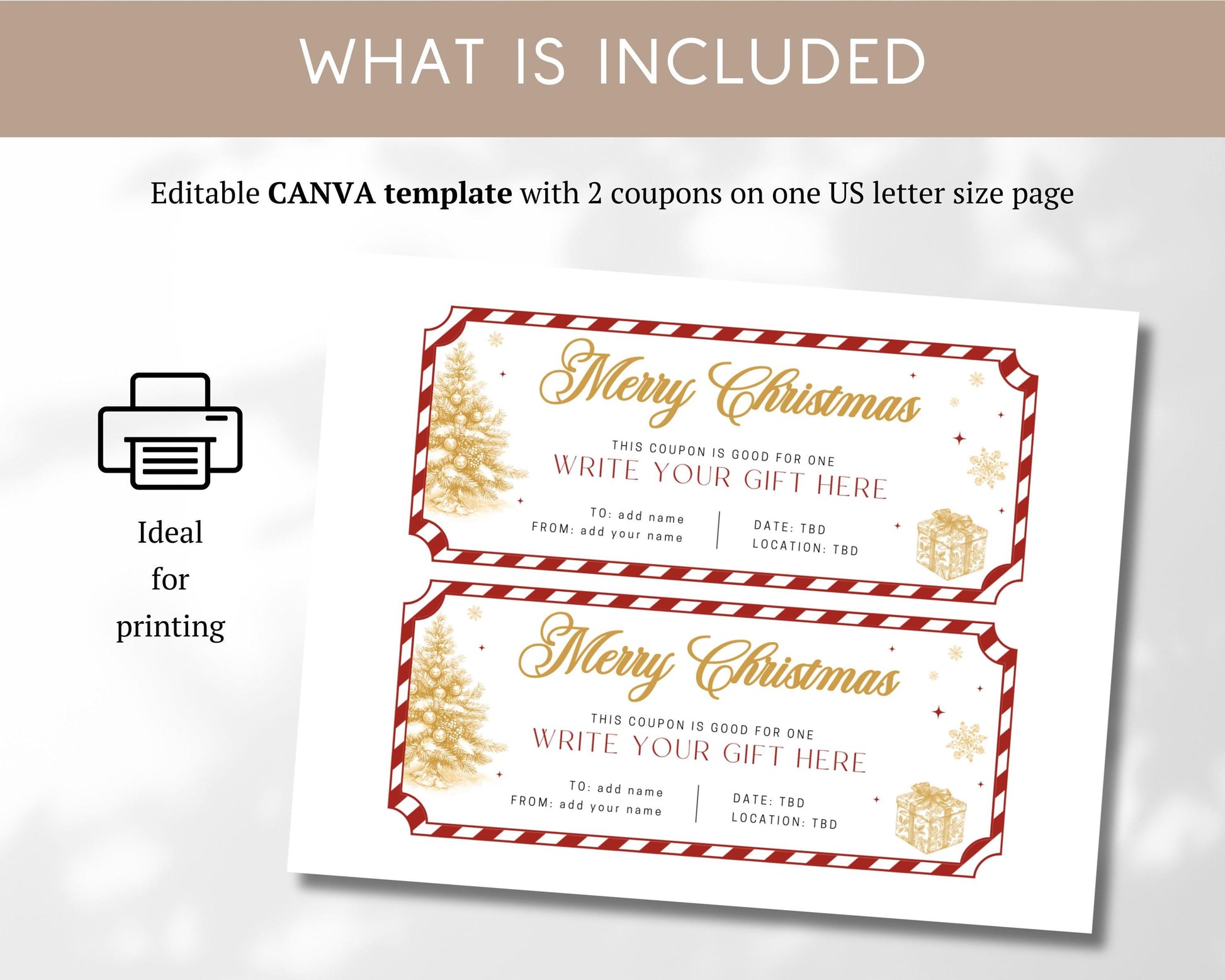 Christmas Gold Gift Coupon Canva Template Printable Voucher Christmas Grandma Gold Coupon Gift Under 5 Trip Surprise Voucher Golden Ticket - LAUMIANstudio
