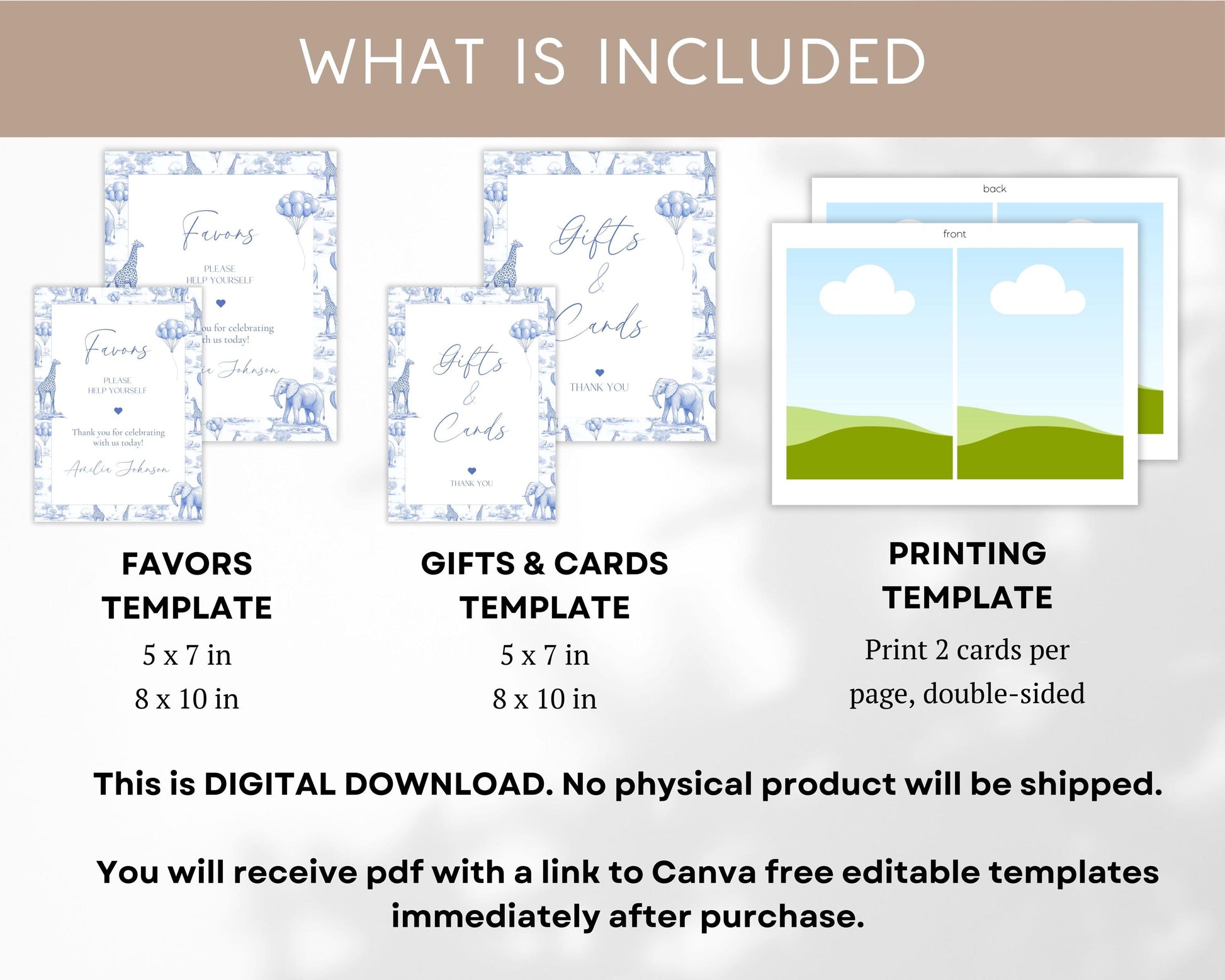 Favor Baby Shower Safari Sign Card and Gift Sign Blue Baby Shower Table Sign Baby Boy Shower Chinoiserie Print Dusty Blue Sign with Animals - LAUMIANstudio