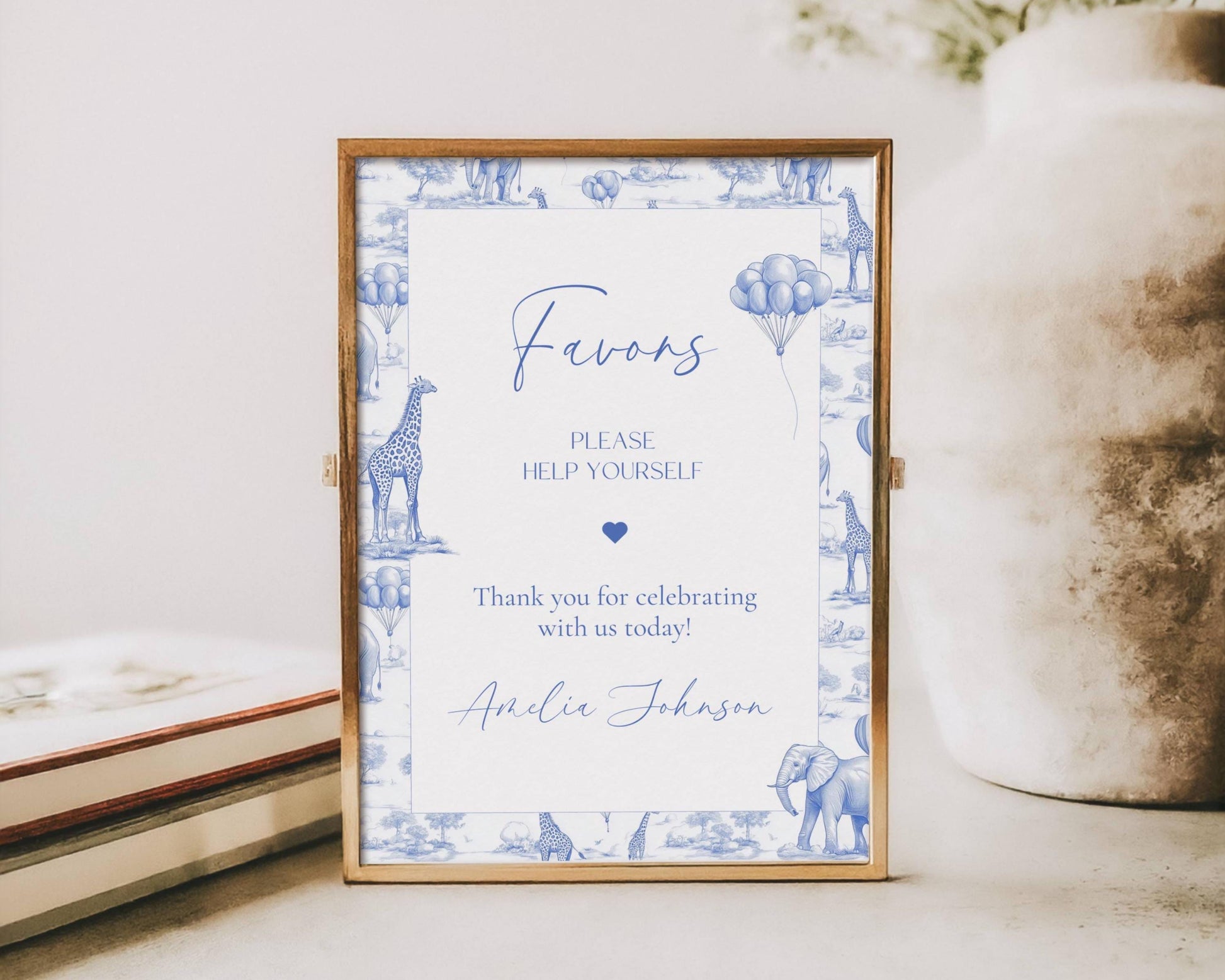 Favor Baby Shower Safari Sign Card and Gift Sign Blue Baby Shower Table Sign Baby Boy Shower Chinoiserie Print Dusty Blue Sign with Animals - LAUMIANstudio