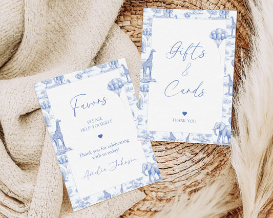 Toile Baby Shower Table Sign Blue Baby Shower Party Favor Sign Safari Baby Shower Gift and Card Sign 5x7 Editable Canva Template Table Board - LAUMIANstudio
