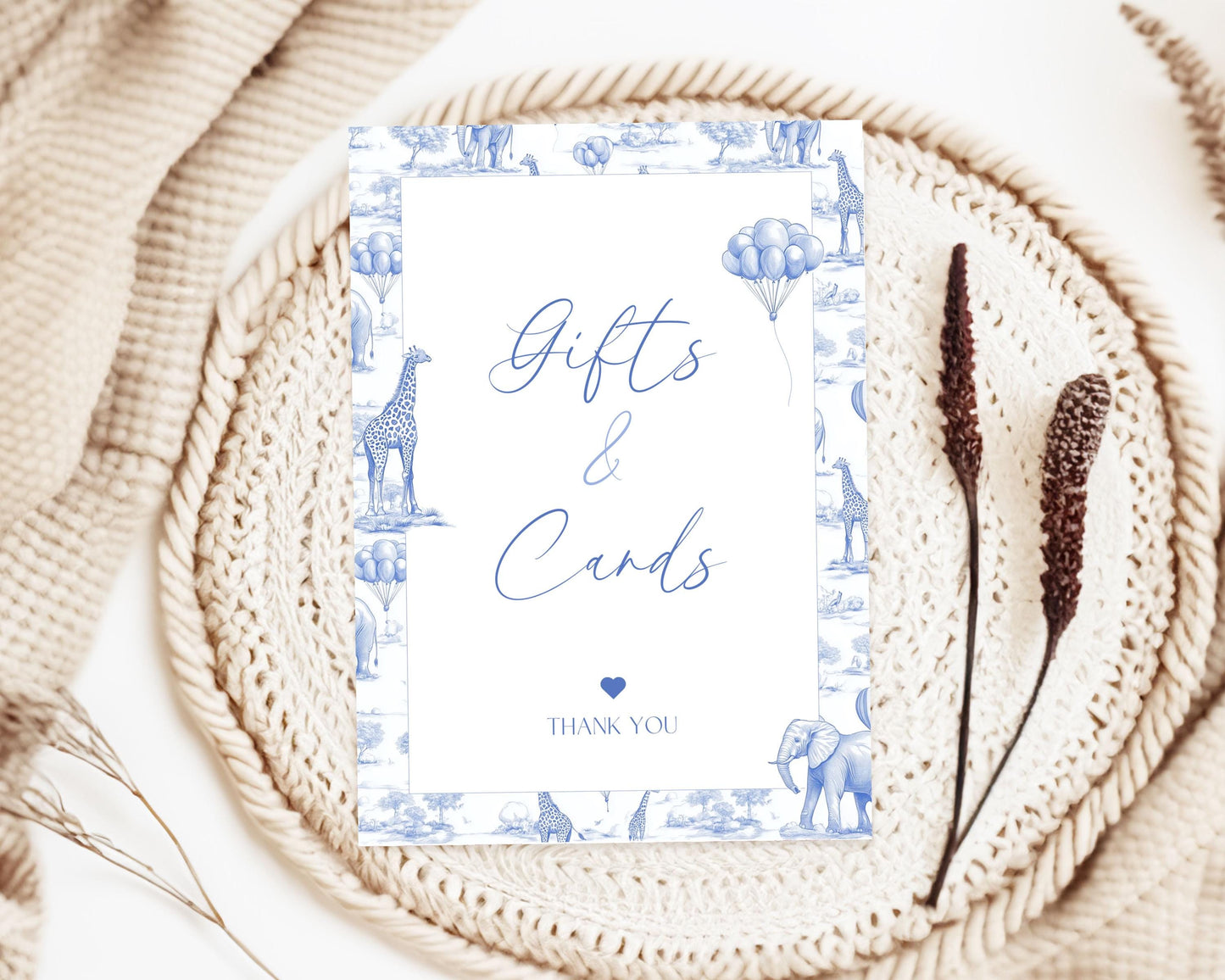 Favor Baby Shower Safari Sign Card and Gift Sign Blue Baby Shower Table Sign Baby Boy Shower Chinoiserie Print Dusty Blue Sign with Animals - LAUMIANstudio