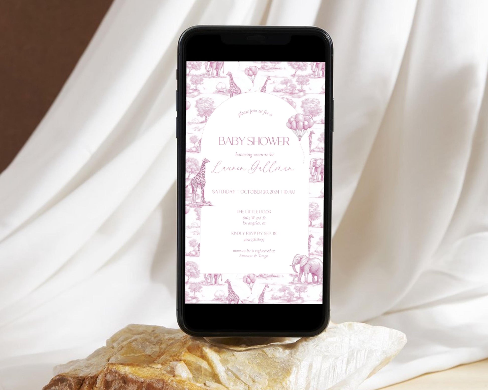 Chinoiserie Pink Baby Shower Invitation Editable Template Girl Baby Shower Mobile Invite Pink Minimalist Baby Shower Evite French Toile - LAUMIANstudio