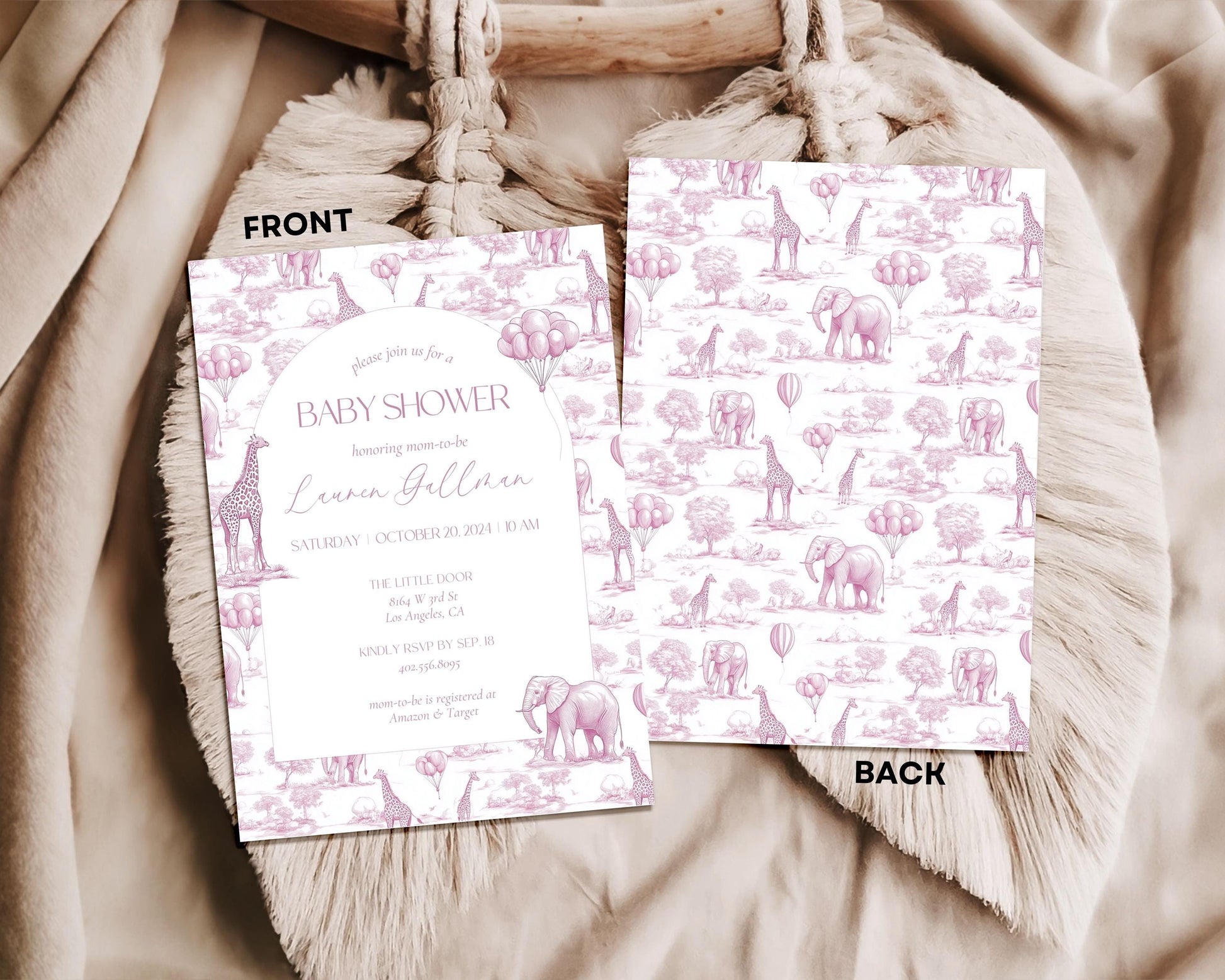 Baby Girl Shower Invitation Template Luxury Dior Style Blush Pink Digital Invitation Pink Toile Safari Invite DIY Canva Template Baby Shower - LAUMIANstudio