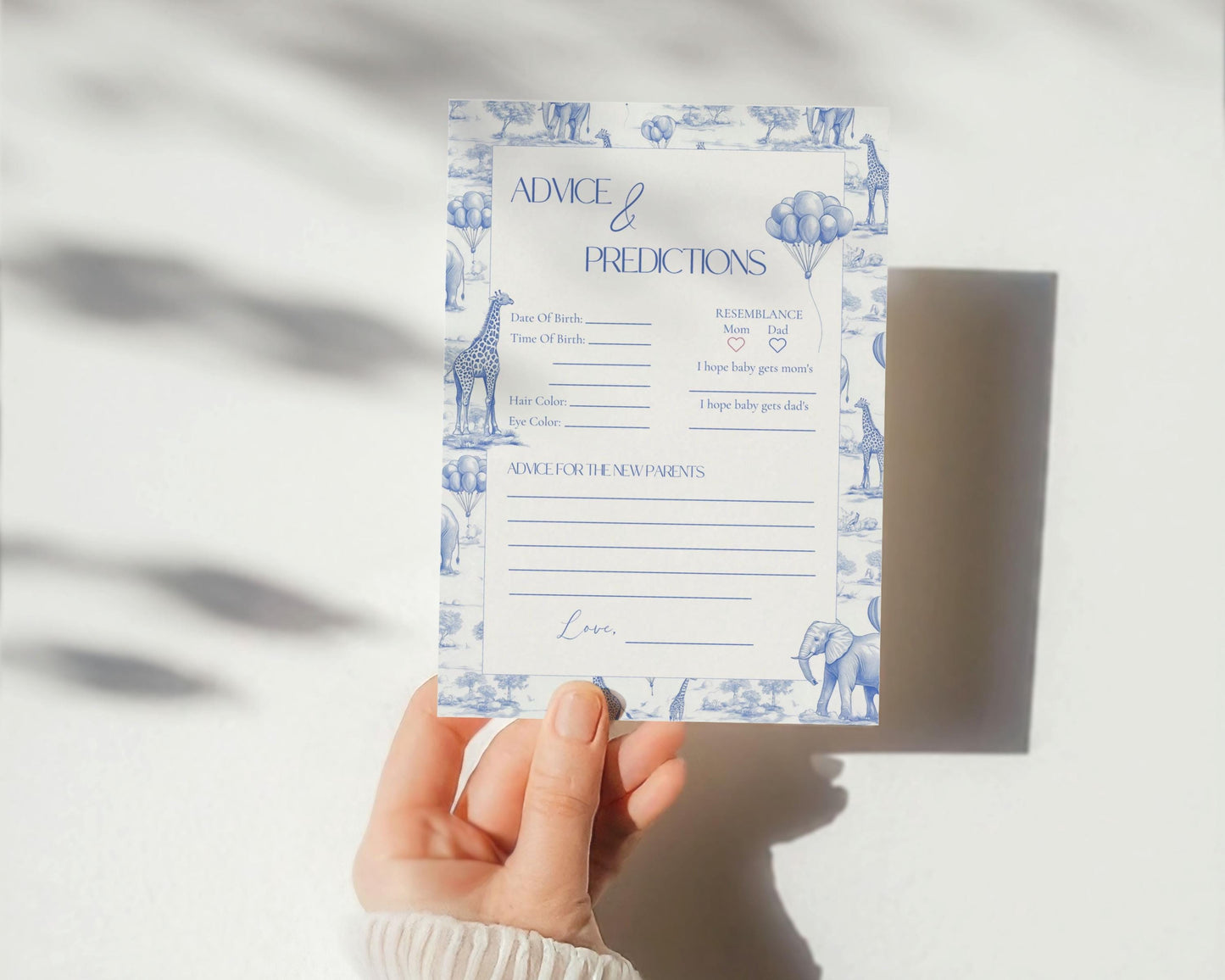 Elegant Blue Minimalist Baby Shower Advice Writing Card Modern Baby Advice Sign Toile Blue Animal Advice for New Parent Printable Template - LAUMIANstudio