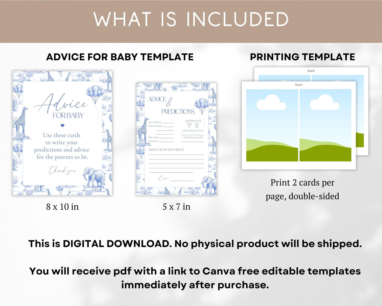 Blue Toile de Jouy Advice for Baby Card Template Chinoiserie Baby Brunch Advice for Baby Sign Blue Safari Toile Sign Advice for Baby Cards - LAUMIANstudio