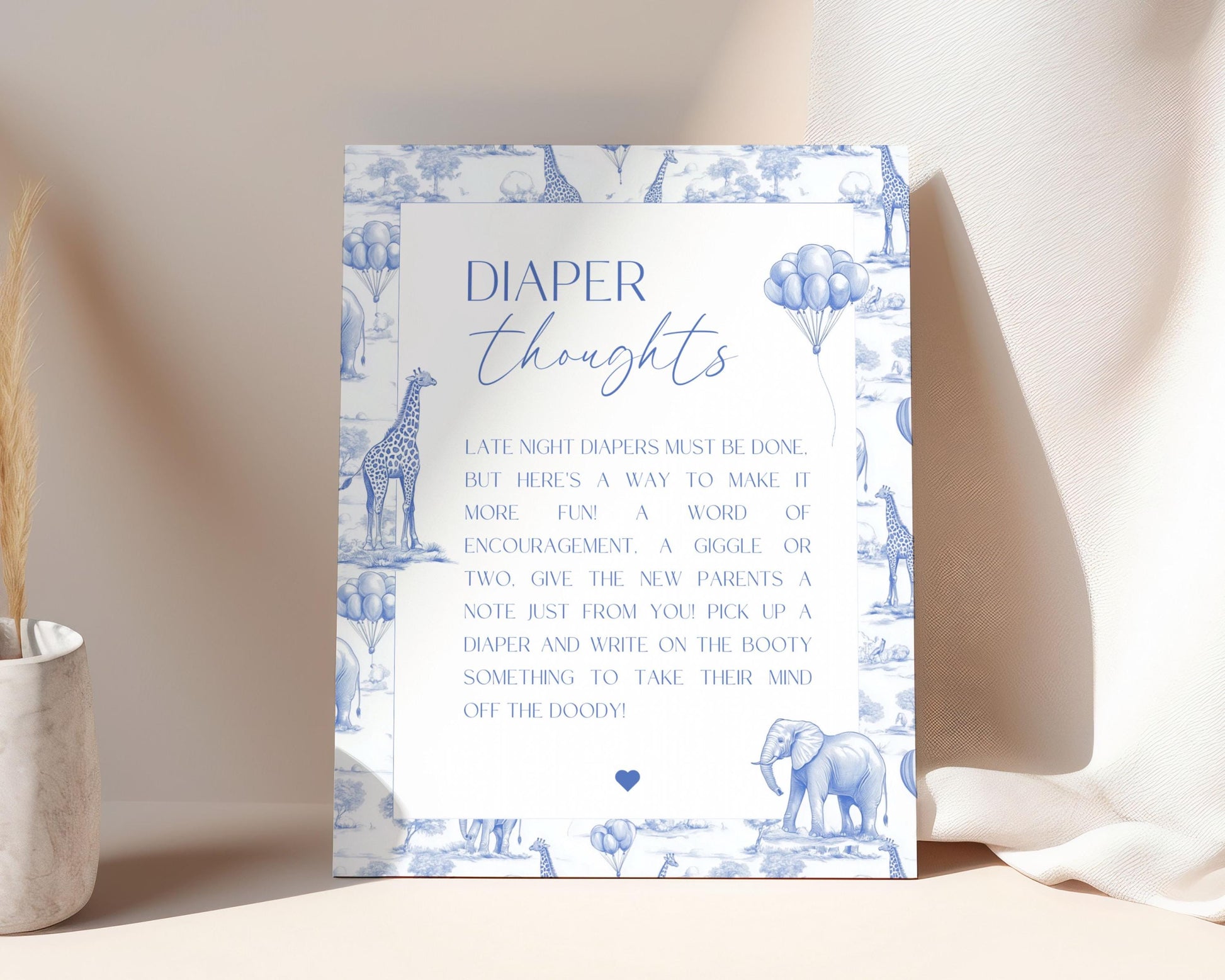 Blue Chinoiserie Baby Shower Diaper Thoughts Sign Printable Template Baby Shower Sign Diaper Thoughts DIY Editable Canva Template Sign - LAUMIANstudio