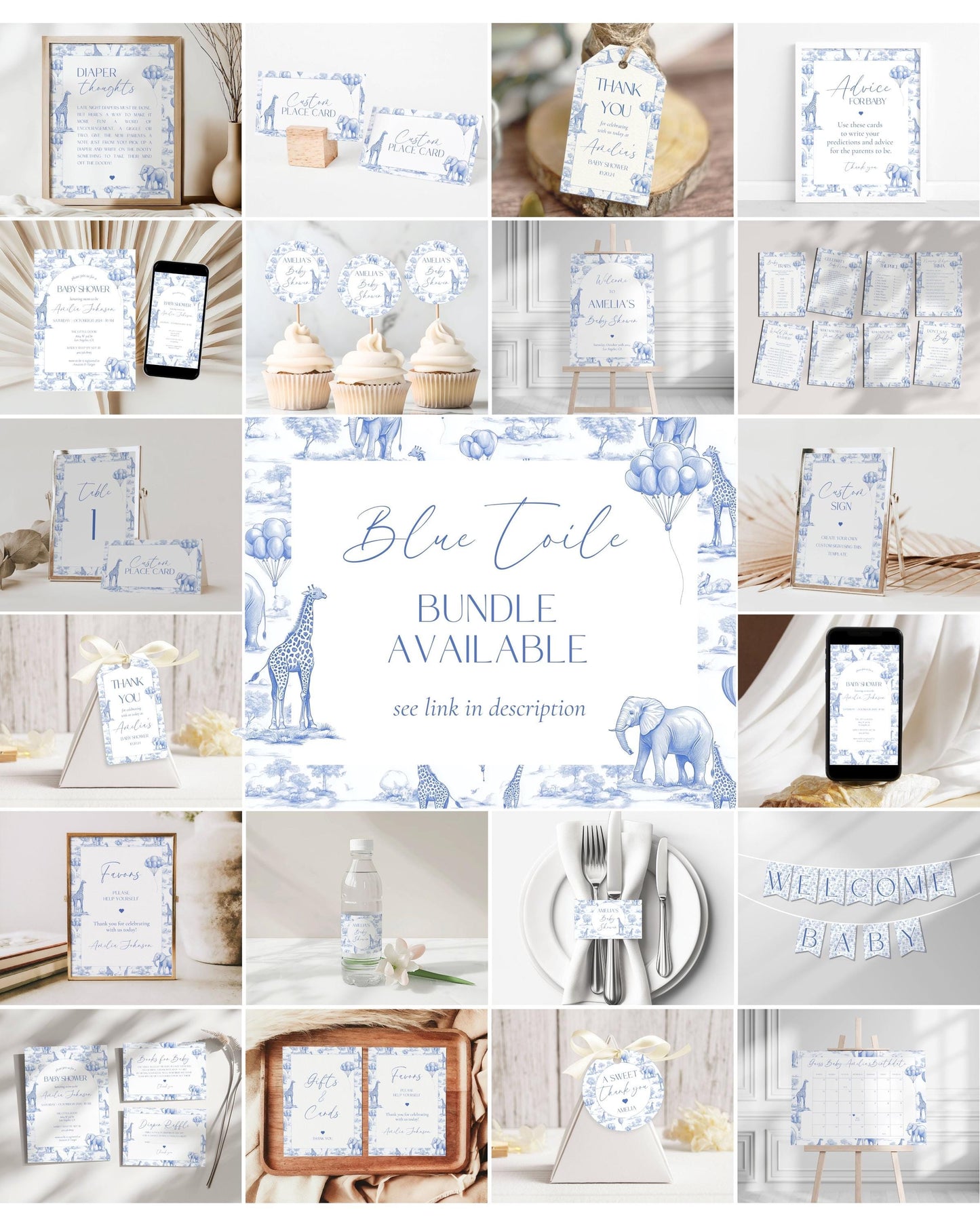 Toile de Jouy Arch Backdrop Elegant Blue Safari Toile Baby Birthday Party Chinoiserie Large Decoration Luxury First Birthday Party Prop - LAUMIANstudio
