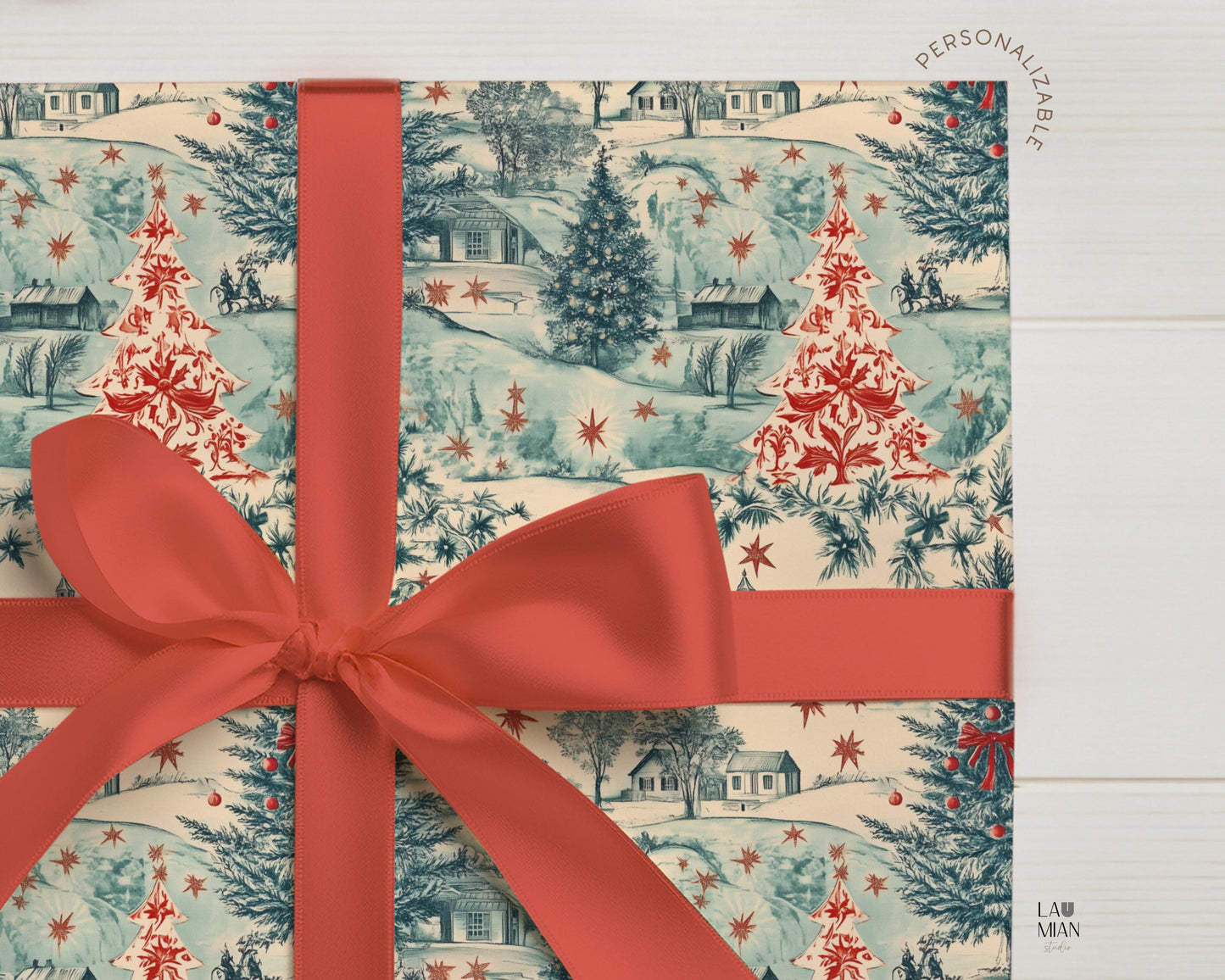 Vintage Toile Christmas Gift Wrap Holiday Vintage Wrapping Paper Blue and Red Retro Christmas Wrapping Paper Roll Traditional Xmas Gift Wrap - LAUMIANstudio