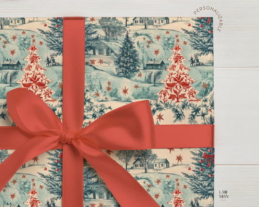 Vintage Toile Christmas Gift Wrap Holiday Vintage Wrapping Paper Blue and Red Retro Christmas Wrapping Paper Roll Traditional Xmas Gift Wrap - LAUMIANstudio