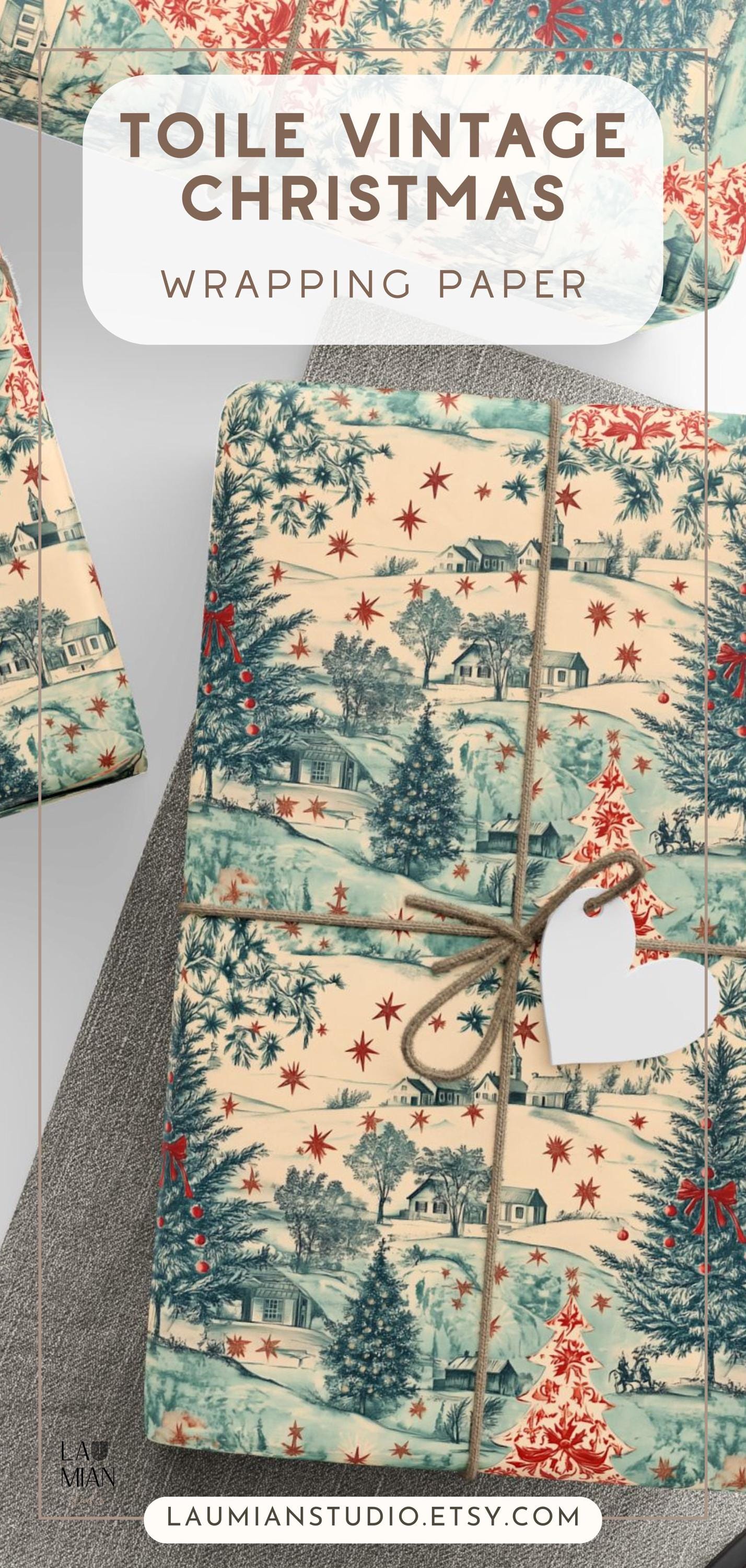Vintage Toile Christmas Gift Wrap Holiday Vintage Wrapping Paper Blue and Red Retro Christmas Wrapping Paper Roll Traditional Xmas Gift Wrap - LAUMIANstudio