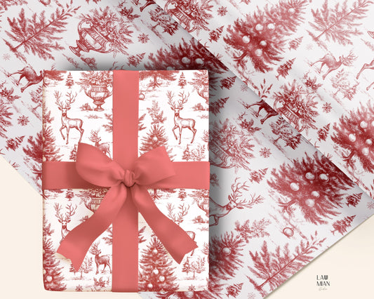 Elegant Christmas Toile Wrapping Paper Vintage Toile Gift Wrapping Paper Roll Luxury Christmas Gift Wrap Christmas Toile Present Wrap Red - LAUMIANstudio