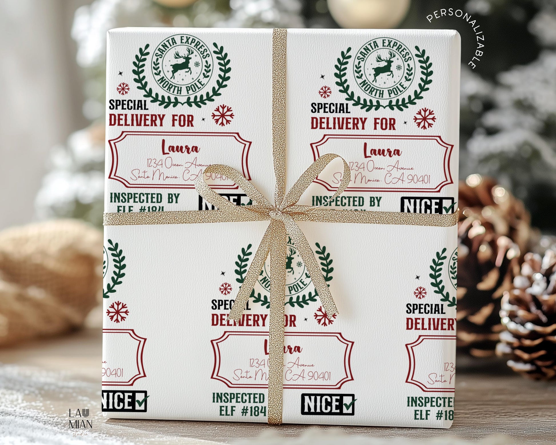 Custom Name Santa Delivery Wrapping Paper Roll Christmas Gift Delivered from Santa Wrapping Paper Girl Santa Express North Pole Gift Wrap - LAUMIANstudio
