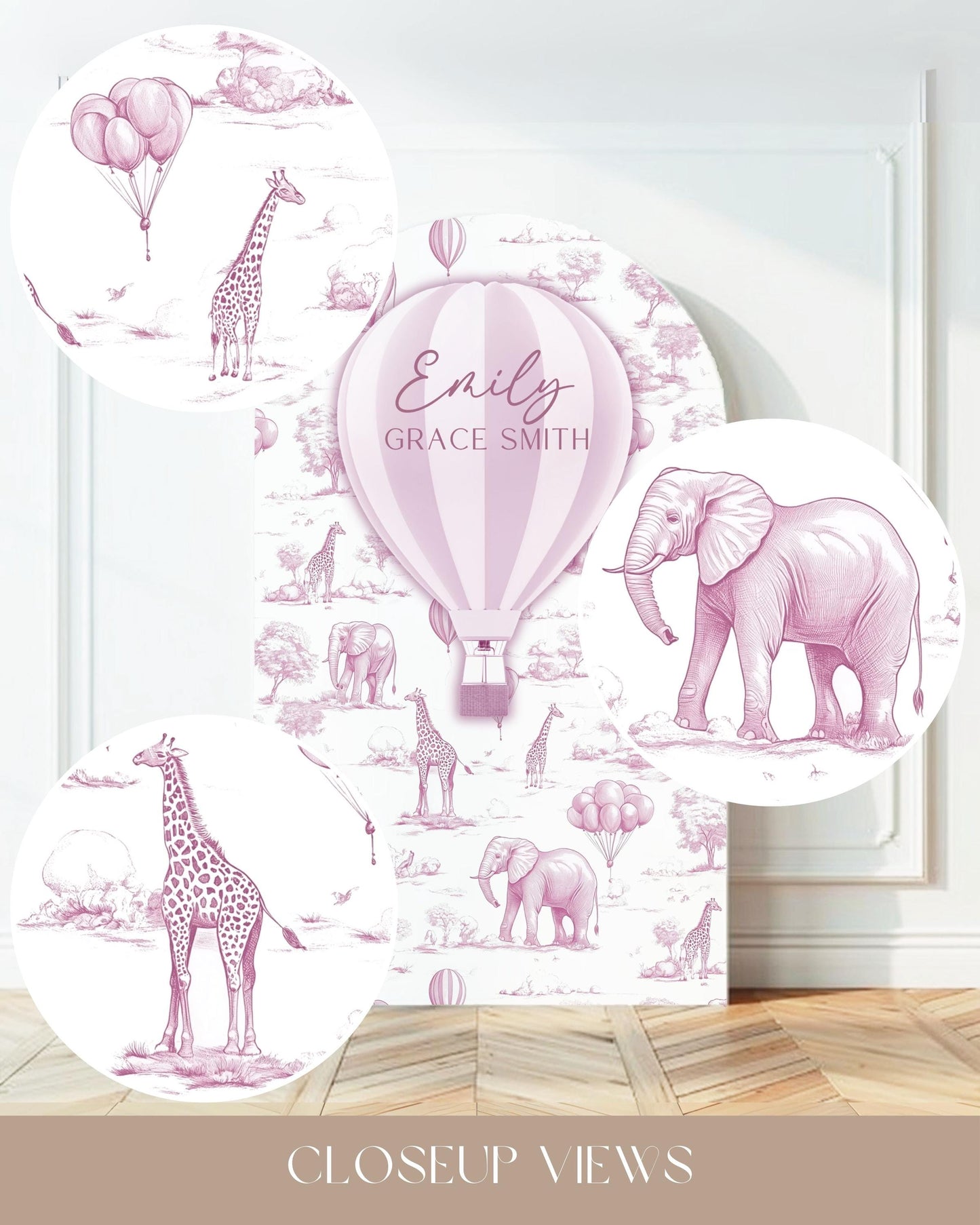 Personalized Hot Air Ballon Arch Backdrop Pink Girl Baby Shower Arch Sign Party Printable Decor Pink Toile Backdrop It Is a Girl Party Sign - LAUMIANstudio