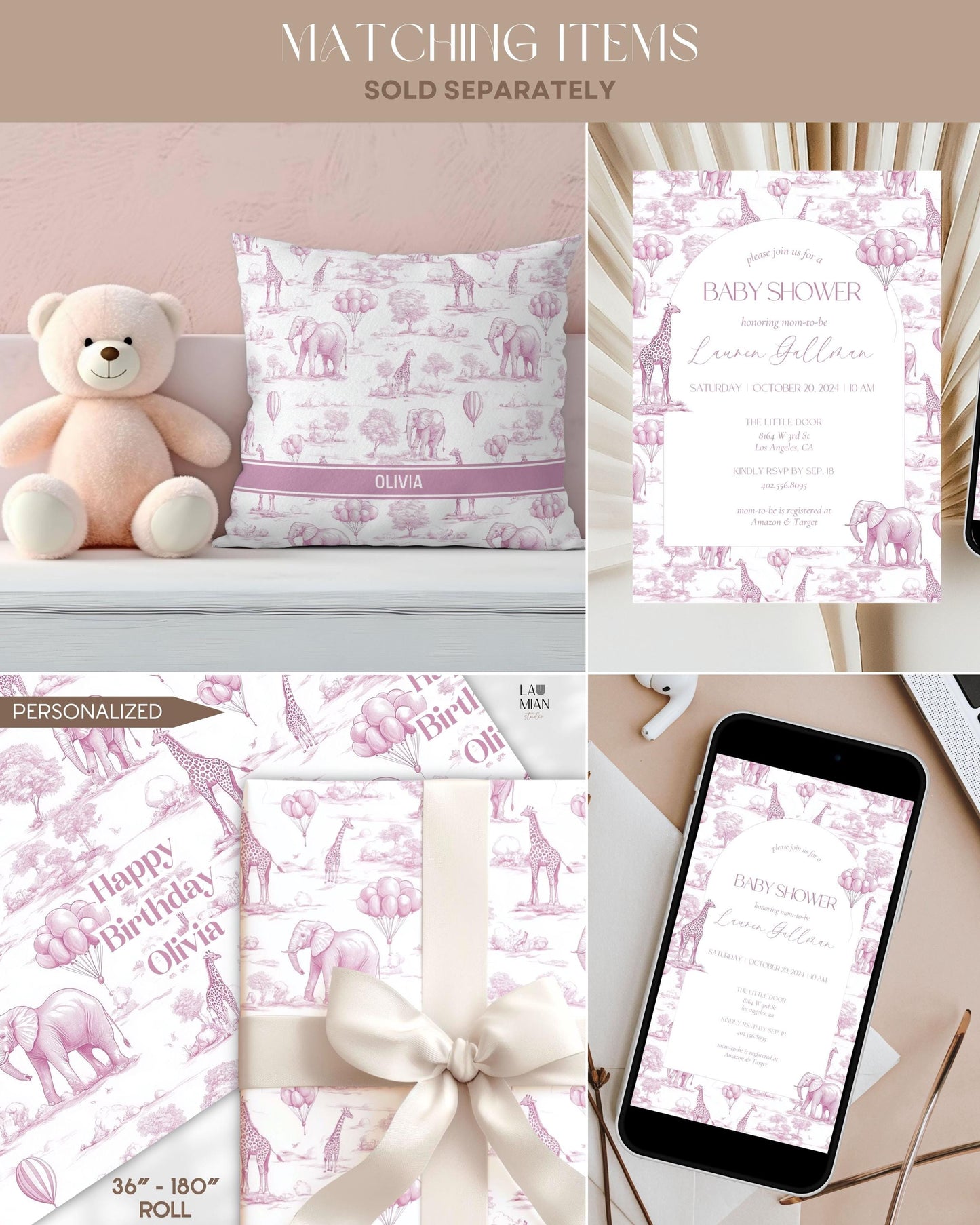 Personalized Pink Toile Safari Arch Panel DIY Baby Shower Giant Decor Pink Baby Girl Baby Shower Toile Arch Backdrop Baby Shower Billboard - LAUMIANstudio