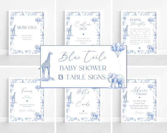 Safari Toile Baby Shower Sign Bundle Elegant Baby Shower Sign French Blue Decor Baby Boy Shower Printable Sign to Frame Baby Shower Party - LAUMIANstudio