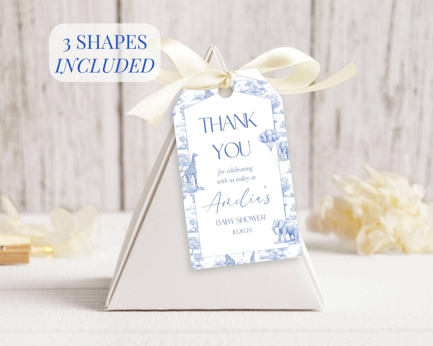 Baby Shower Favor Tag Printable Canva Template Blue Toile Baby Shower Favor Tag Circle Safari Baby Shower Thank You Label Minimalist Tag - LAUMIANstudio