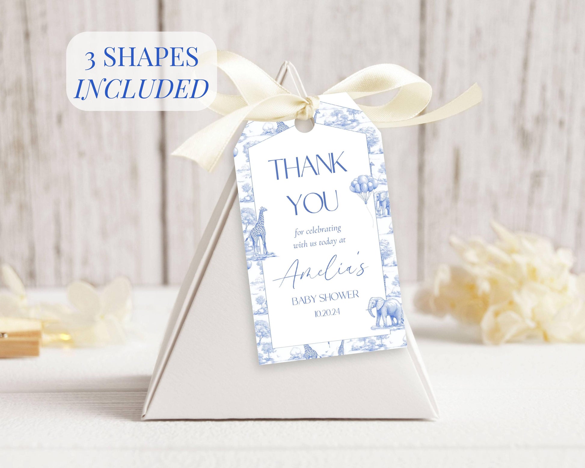 Baby Shower Favor Tag Printable Canva Template Blue Toile Baby Shower Favor Tag Circle Safari Baby Shower Thank You Label Minimalist Tag - LAUMIANstudio