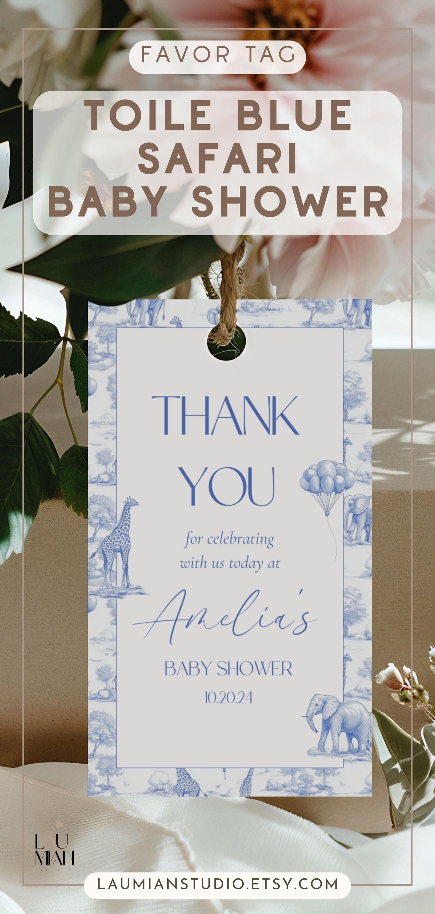 Blue Toile Safari Favor Tag Baby Shower Circle Favor Tag Editable Template Rectangle Chinoiserie Favor Tag Printable Shower Party Gift Tag - LAUMIANstudio