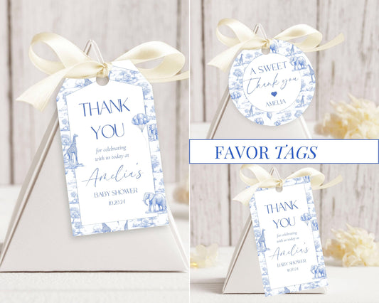 Blue Toile Safari Favor Tag Baby Shower Circle Favor Tag Editable Template Rectangle Chinoiserie Favor Tag Printable Shower Party Gift Tag - LAUMIANstudio