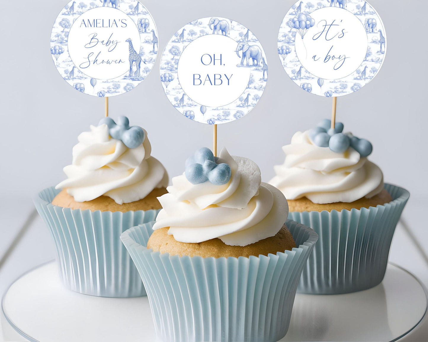 Blue Toile Baby Shower Cupcake Topper Printable Template Blue Toile Cake Dessert Decor Oh Boy Cupcake Editable Oh Boy Decoration Blue Shower - LAUMIANstudio