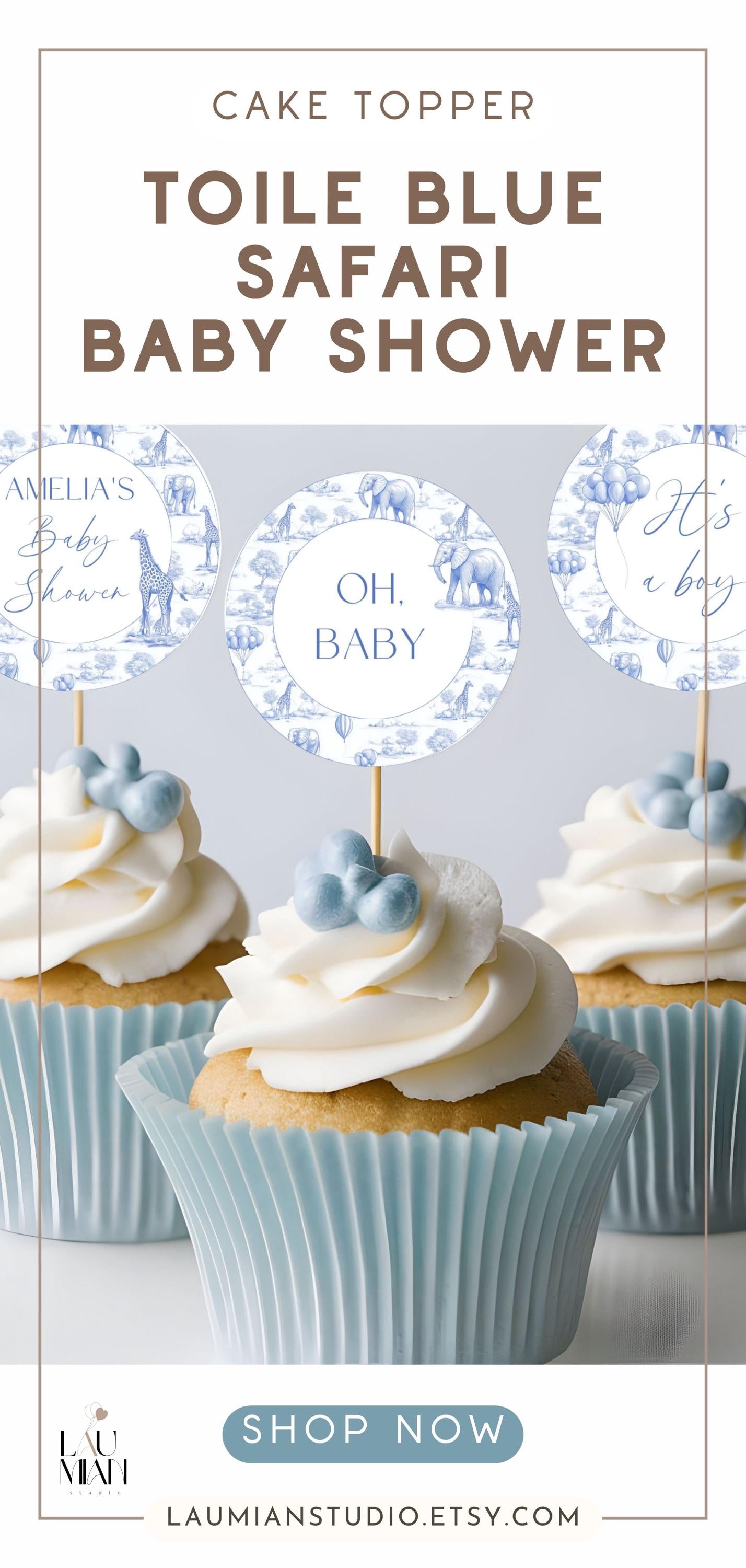 Baby Boy Shower Cupcake Topper Oh Baby Cupcake Topper Editable Template Toile de Jouy Cake Dessert Topper Digital Download Shower Topper - LAUMIANstudio