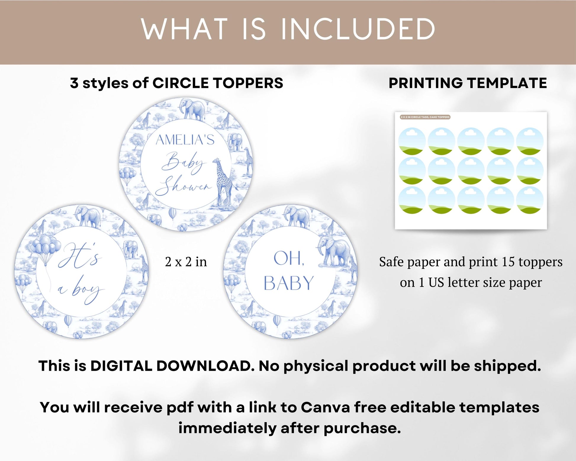 Baby Boy Shower Cupcake Topper Oh Baby Cupcake Topper Editable Template Toile de Jouy Cake Dessert Topper Digital Download Shower Topper - LAUMIANstudio