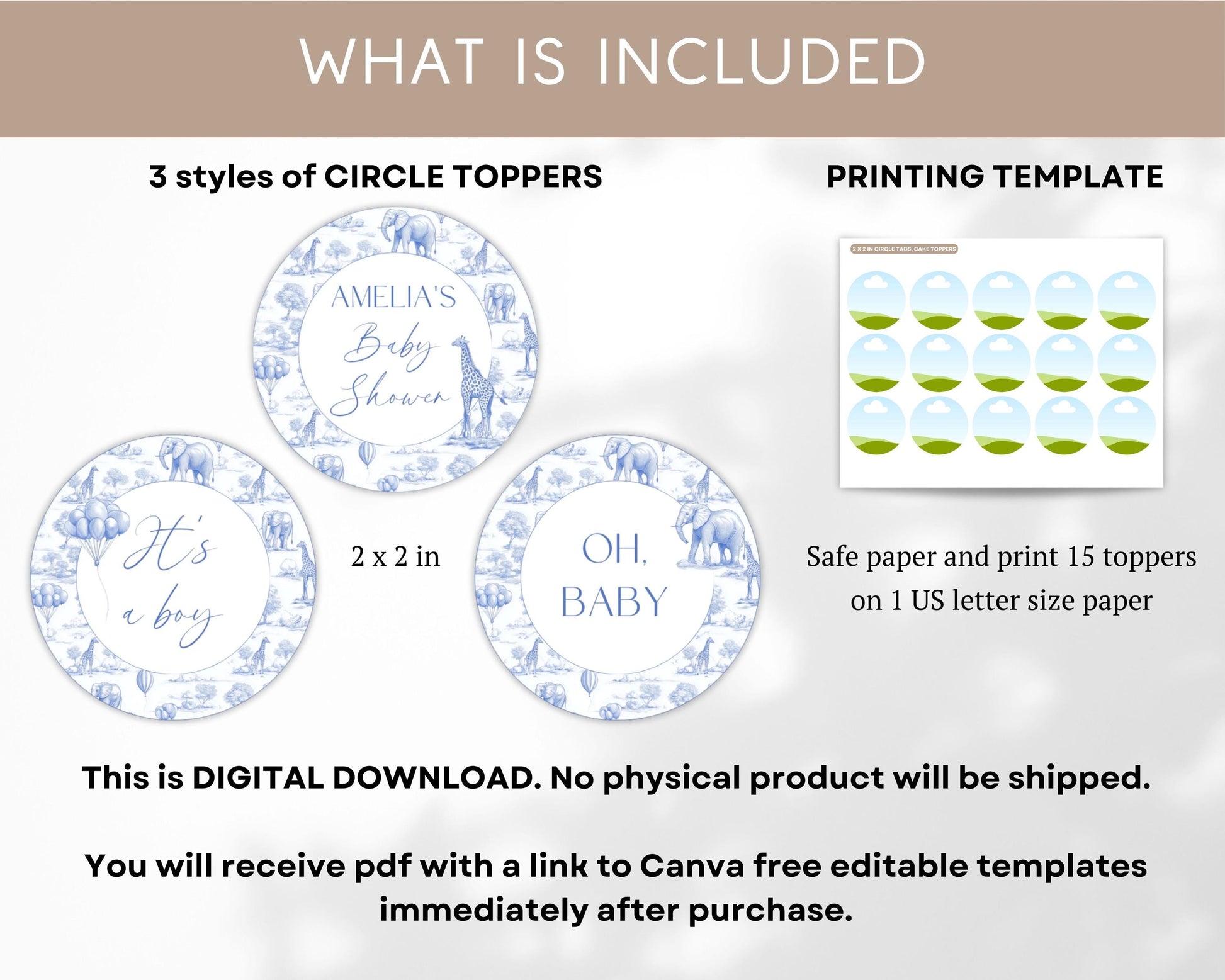 Blue Toile Baby Shower Cupcake Topper Printable Template Blue Toile Cake Dessert Decor Oh Boy Cupcake Editable Oh Boy Decoration Blue Shower - LAUMIANstudio