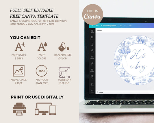 Baby Boy Shower Cupcake Topper Oh Baby Cupcake Topper Editable Template Toile de Jouy Cake Dessert Topper Digital Download Shower Topper - LAUMIANstudio