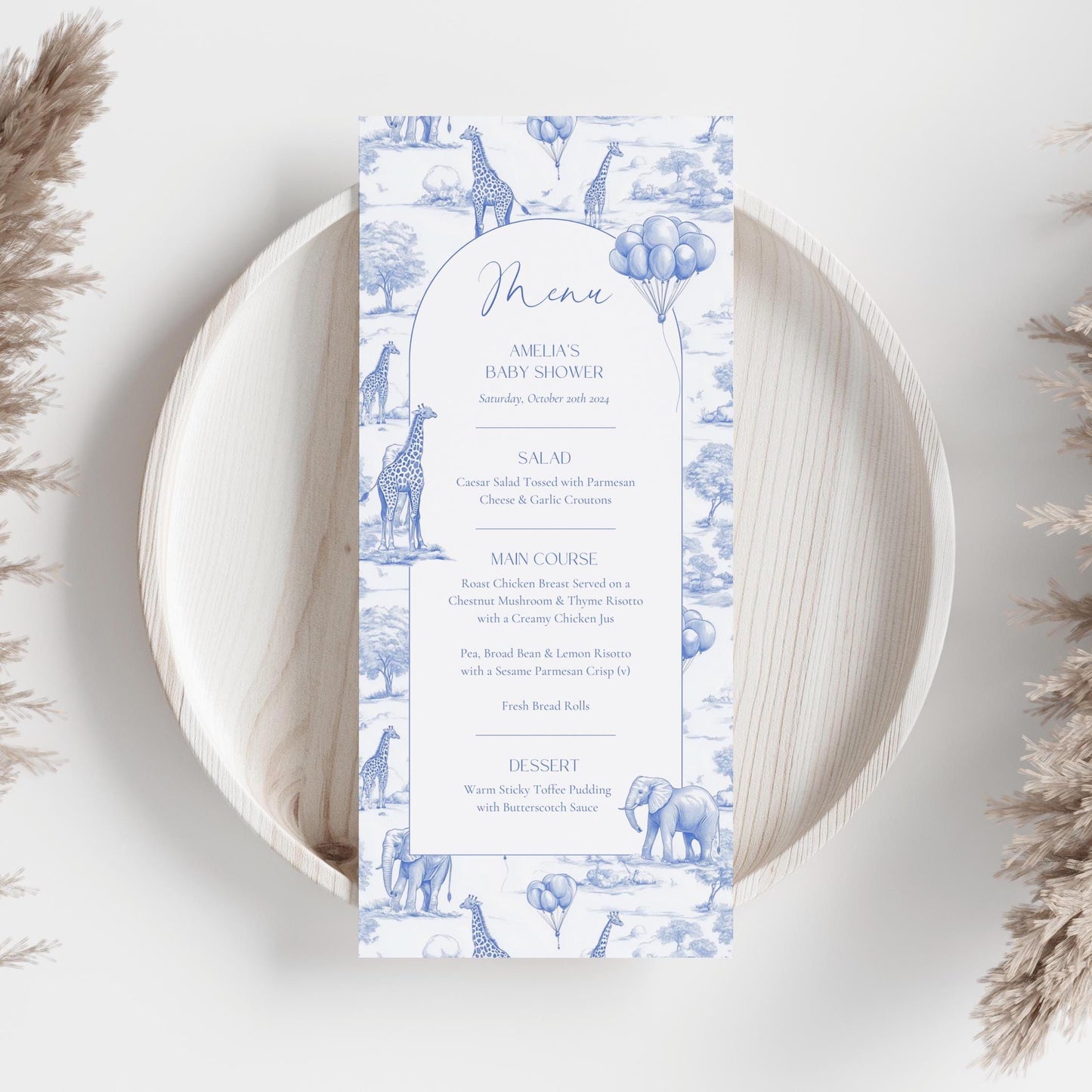 Chinoiserie Editable Baby Shower Menu Card 4x9 Toile Blue Boy Shower Menu Template Elegant Toile de Jouy Menu Hot Air Balloon Baby Shower - LAUMIANstudio
