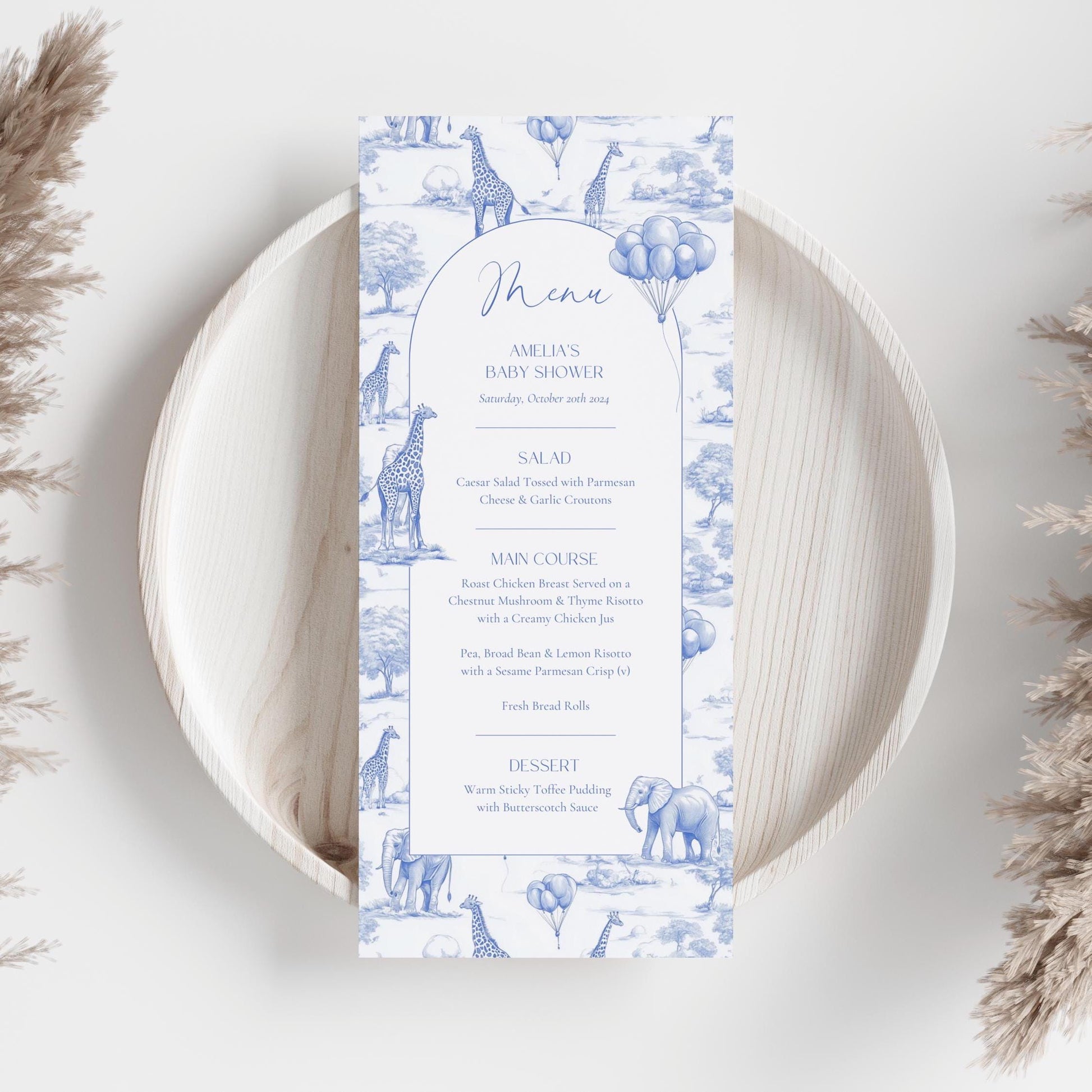 Chinoiserie Editable Baby Shower Menu Card 4x9 Toile Blue Boy Shower Menu Template Elegant Toile de Jouy Menu Hot Air Balloon Baby Shower - LAUMIANstudio