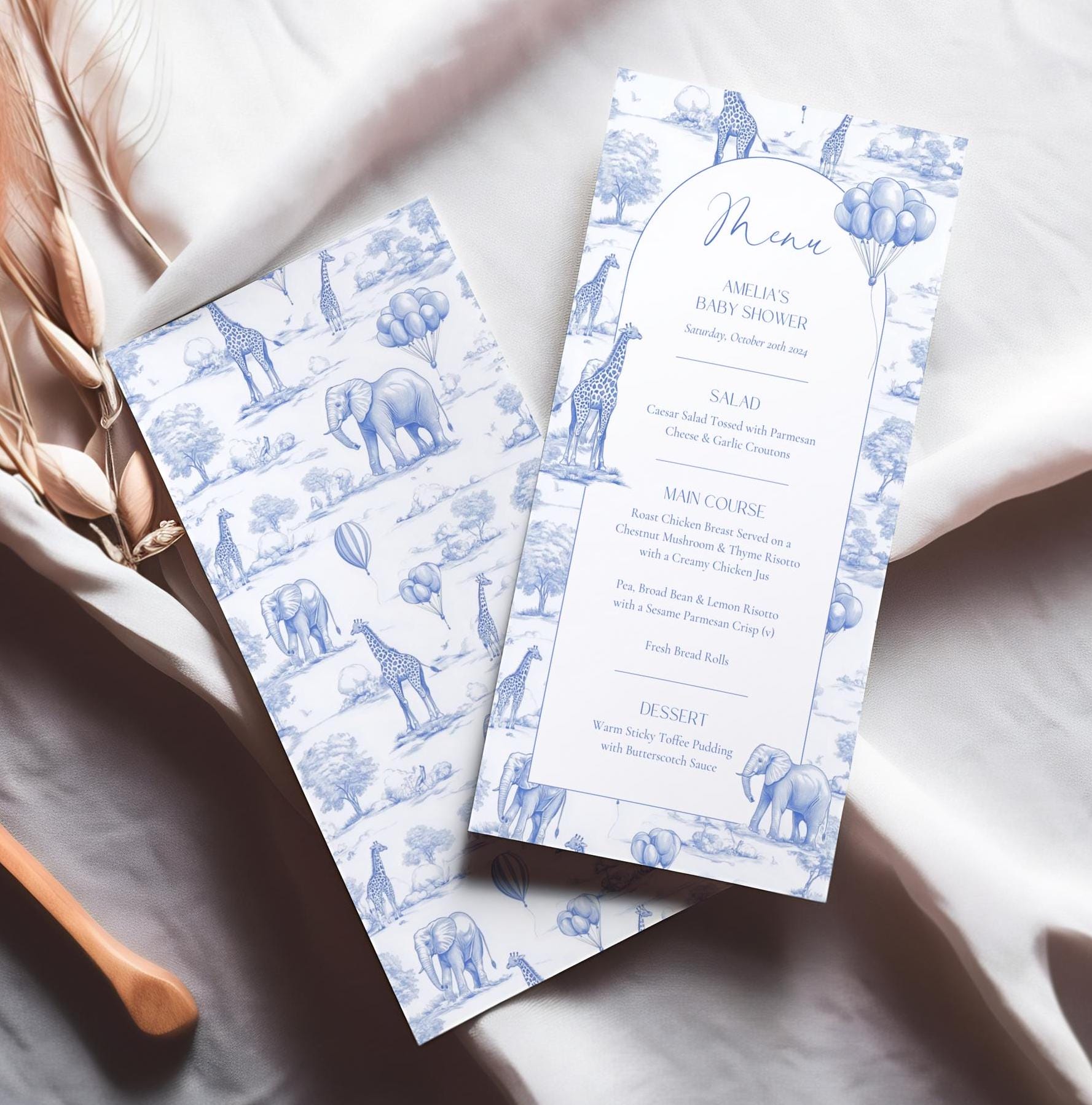 Chinoiserie Editable Baby Shower Menu Card 4x9 Toile Blue Boy Shower Menu Template Elegant Toile de Jouy Menu Hot Air Balloon Baby Shower - LAUMIANstudio
