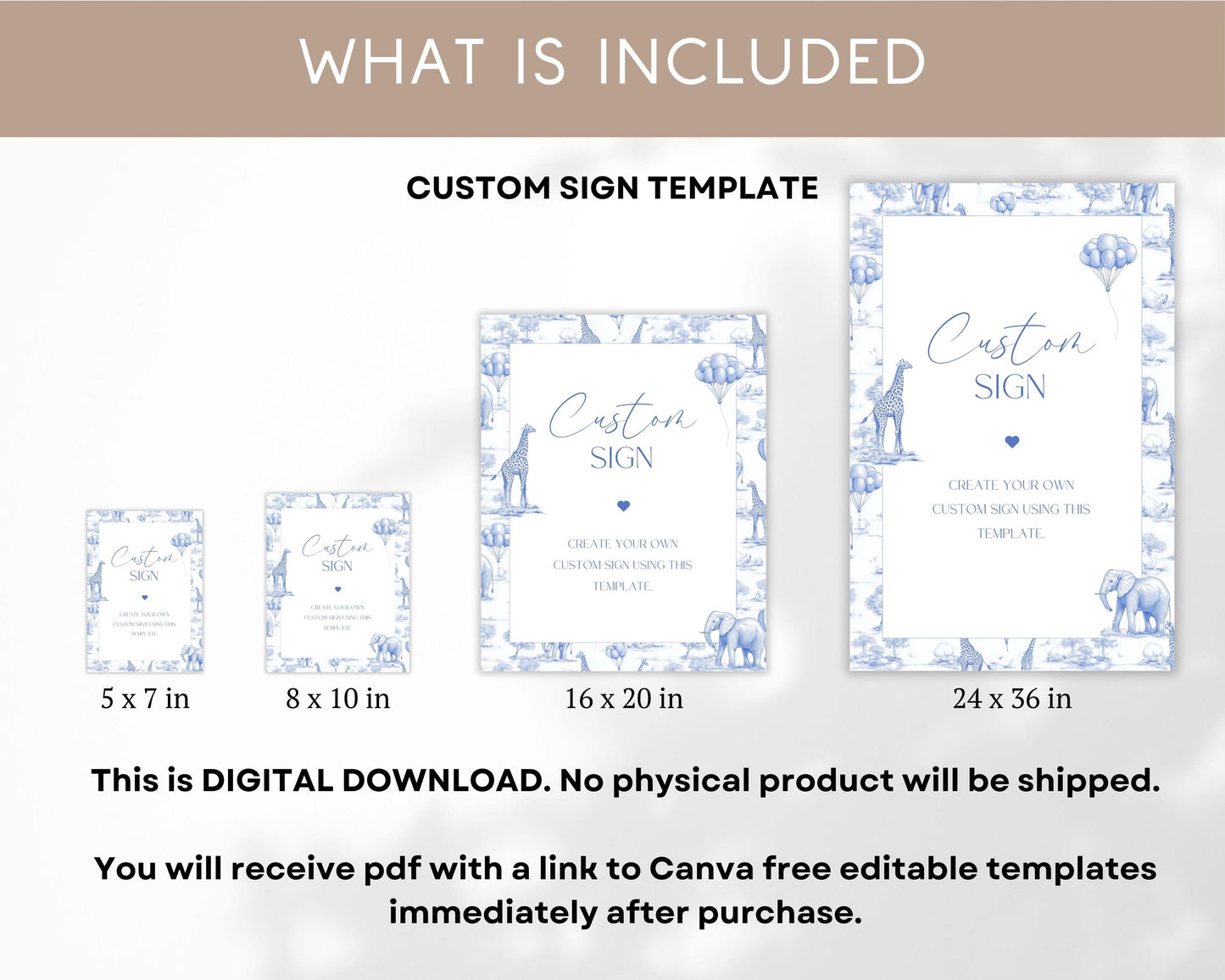 Blue Chinoiserie Custom Sign Printable Template Toile de Jouy Table Sign Toile Safari 1st Birthday Sign Editable Canva Template Sign Shower - LAUMIANstudio