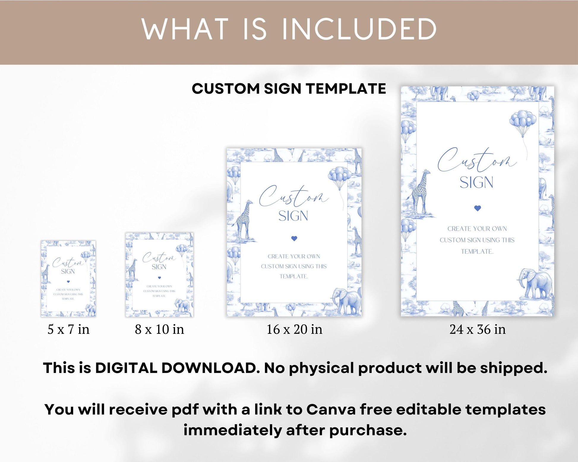 Blue Chinoiserie Custom Sign Printable Template Toile de Jouy Table Sign Toile Safari 1st Birthday Sign Editable Canva Template Sign Shower - LAUMIANstudio