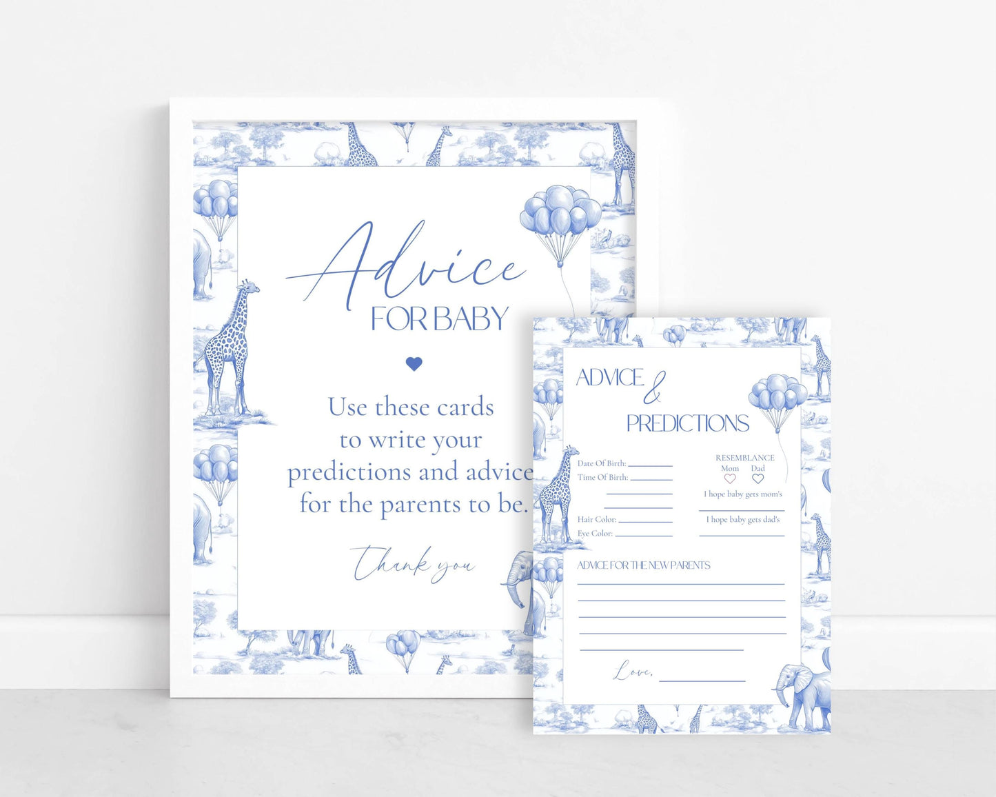Blue Toile de Jouy Advice for Baby Card Template Chinoiserie Baby Brunch Advice for Baby Sign Blue Safari Toile Sign Advice for Baby Cards - LAUMIANstudio