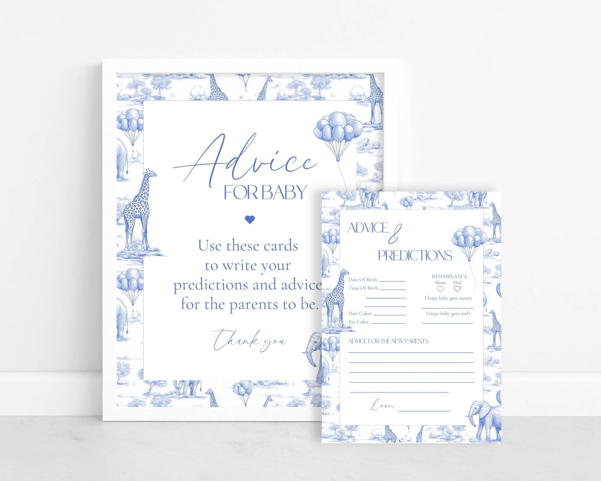 Blue Toile de Jouy Advice for Baby Card Template Chinoiserie Baby Brunch Advice for Baby Sign Blue Safari Toile Sign Advice for Baby Cards - LAUMIANstudio