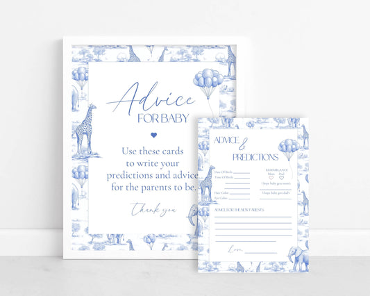 Blue Toile de Jouy Advice for Baby Card Template Chinoiserie Baby Brunch Advice for Baby Sign Blue Safari Toile Sign Advice for Baby Cards - LAUMIANstudio