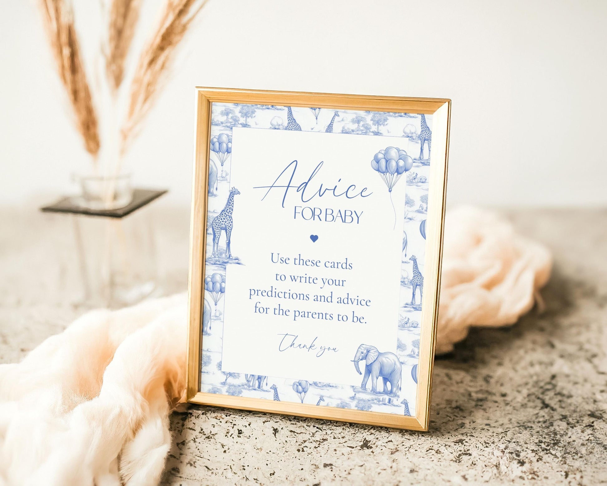 Elegant Blue Minimalist Baby Shower Advice Writing Card Modern Baby Advice Sign Toile Blue Animal Advice for New Parent Printable Template - LAUMIANstudio