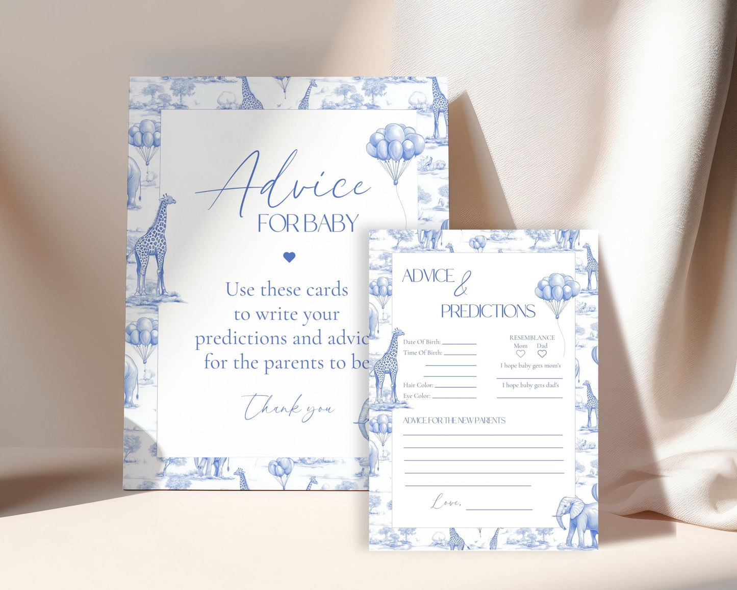 Elegant Blue Minimalist Baby Shower Advice Writing Card Modern Baby Advice Sign Toile Blue Animal Advice for New Parent Printable Template - LAUMIANstudio