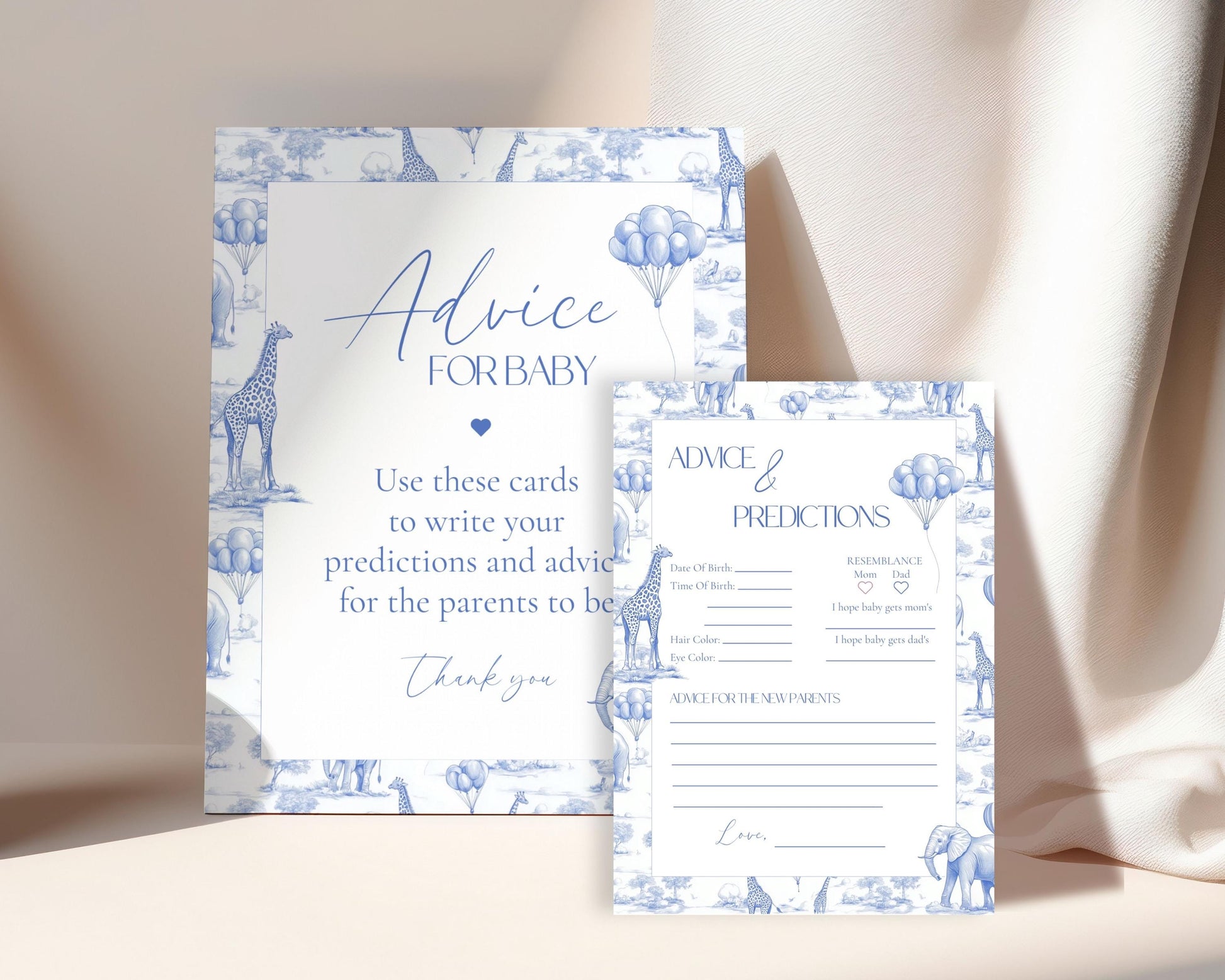 Elegant Blue Minimalist Baby Shower Advice Writing Card Modern Baby Advice Sign Toile Blue Animal Advice for New Parent Printable Template - LAUMIANstudio