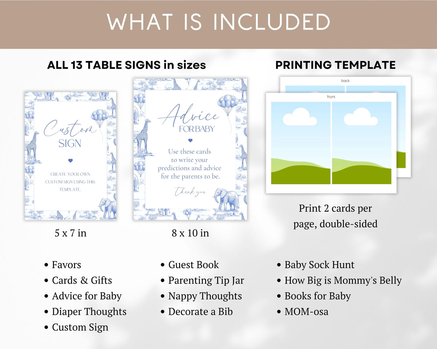 Baby Shower Table Signs: Blue Toile Safari, Animal Table Decor, Printables, Editable Canva Template - LAUMIANstudio