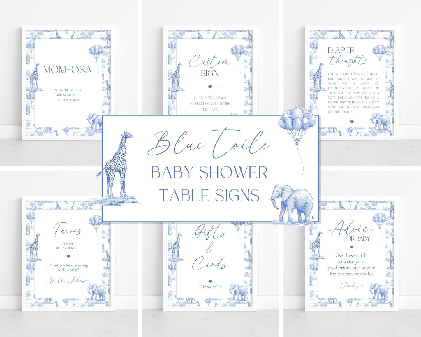 Baby Shower Table Signs: Blue Toile Safari, Animal Table Decor, Printables, Editable Canva Template - LAUMIANstudio