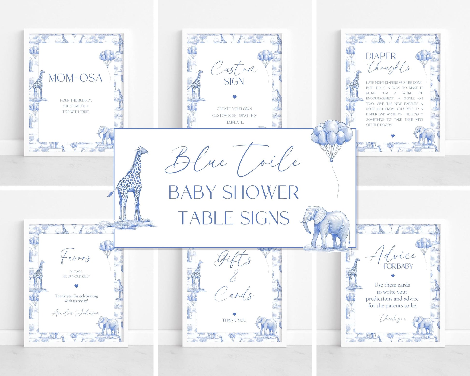 Baby Shower Table Signs: Blue Toile Safari, Animal Table Decor, Printables, Editable Canva Template - LAUMIANstudio