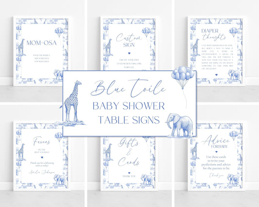 Baby Shower Table Signs: Blue Toile Safari, Animal Table Decor, Printables, Editable Canva Template - LAUMIANstudio