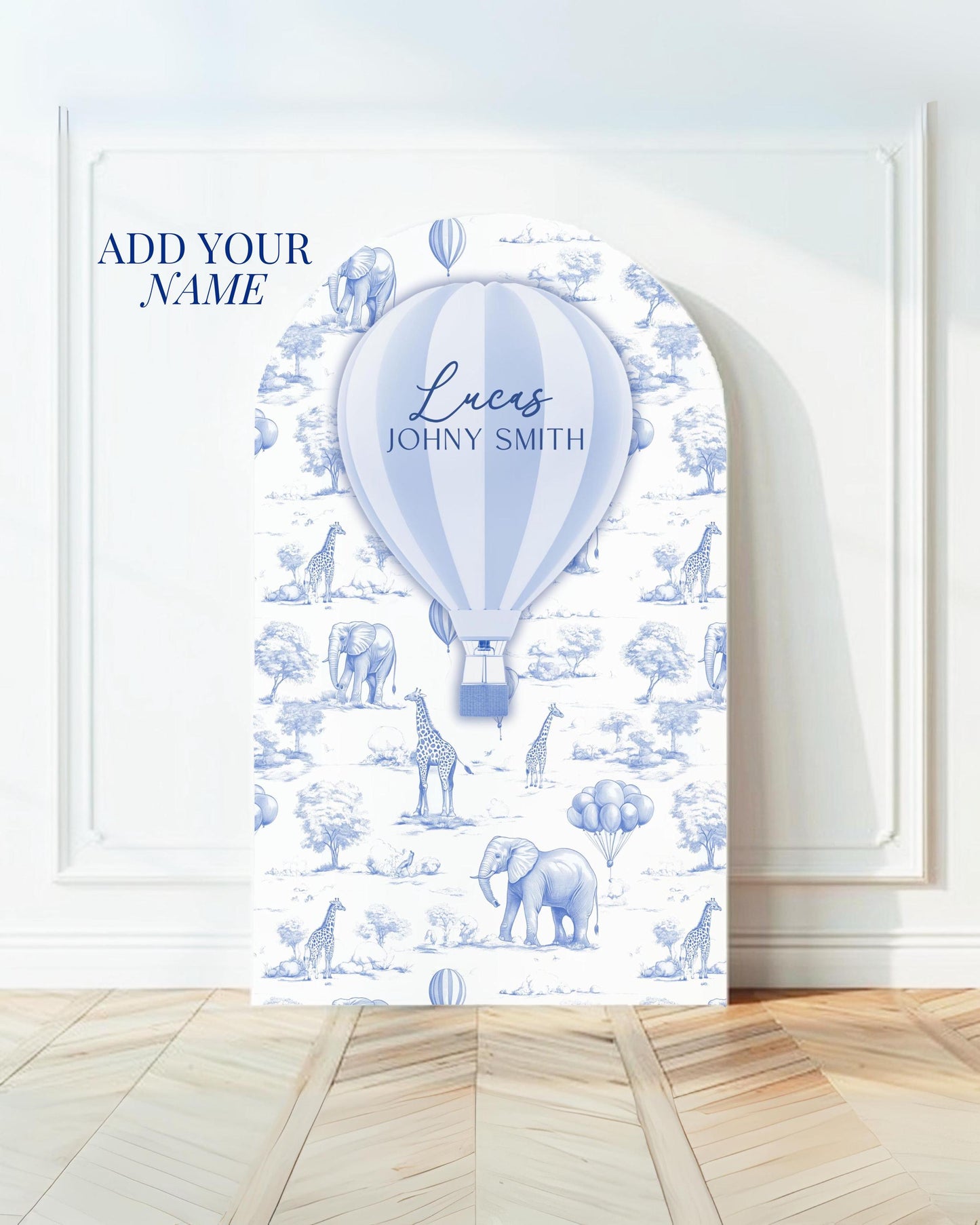 Custom Safari Birthday Party Arch Backdrop Hot Air Balloon Decoration Toile 1st Birthday Decor Blue Toile de Jouy Party Decoration with Name - LAUMIANstudio